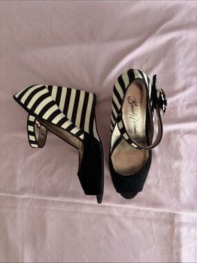 Betsey Johnson Black & White Striped Peep-Toe Heels with Ankle Strap
